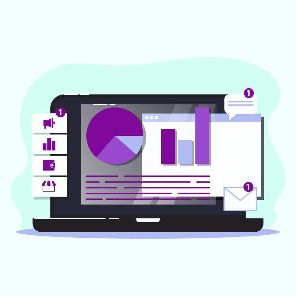 Laptop resource design illustration showing business analysis graph and chat symbol, message, megaphone, wallet, notification symbol vector