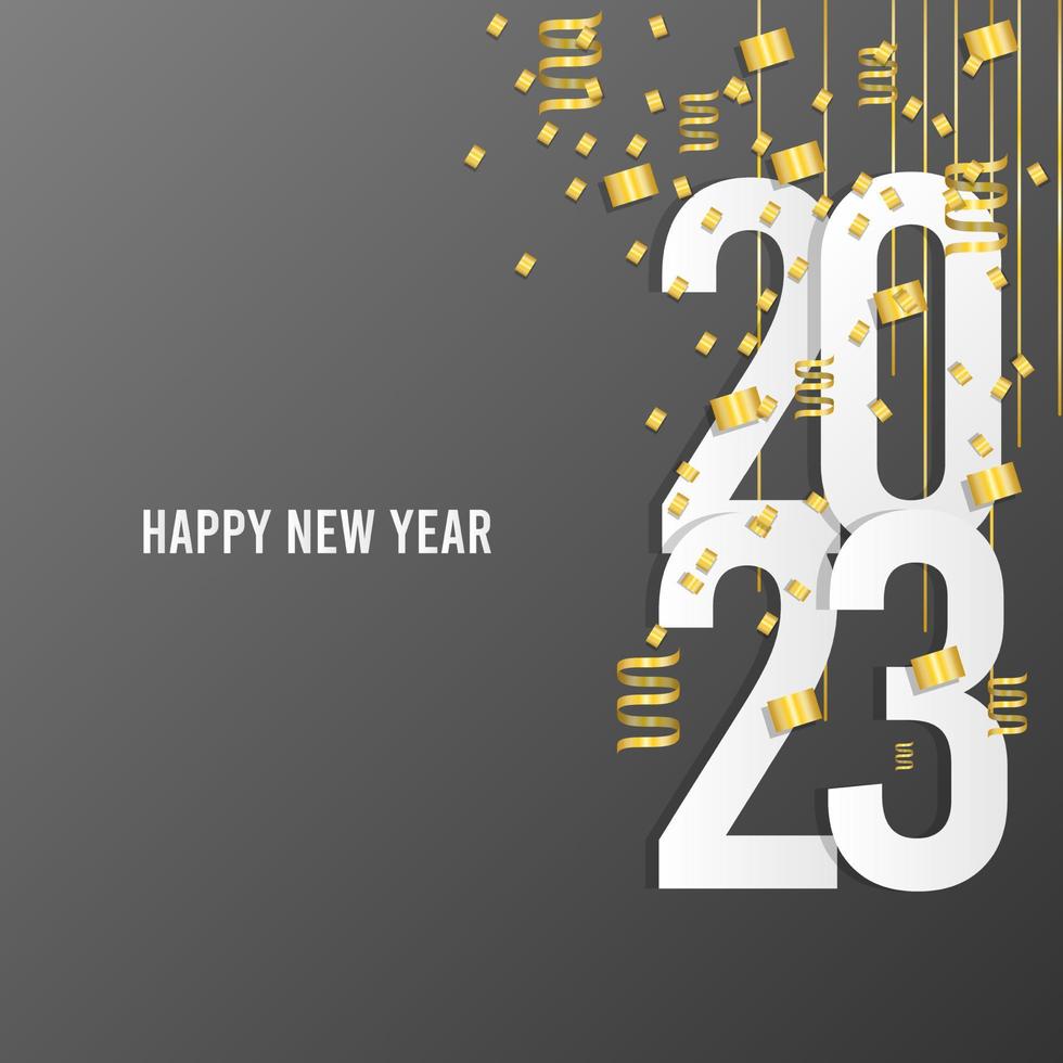 feliz año nuevo 2023. números metálicos dorados colgantes 2023 con copos de nieve brillantes, estrellas metálicas 3d, bolas y confeti sobre fondo azul. tarjeta de felicitación de año nuevo o plantilla de banner. vector. vector