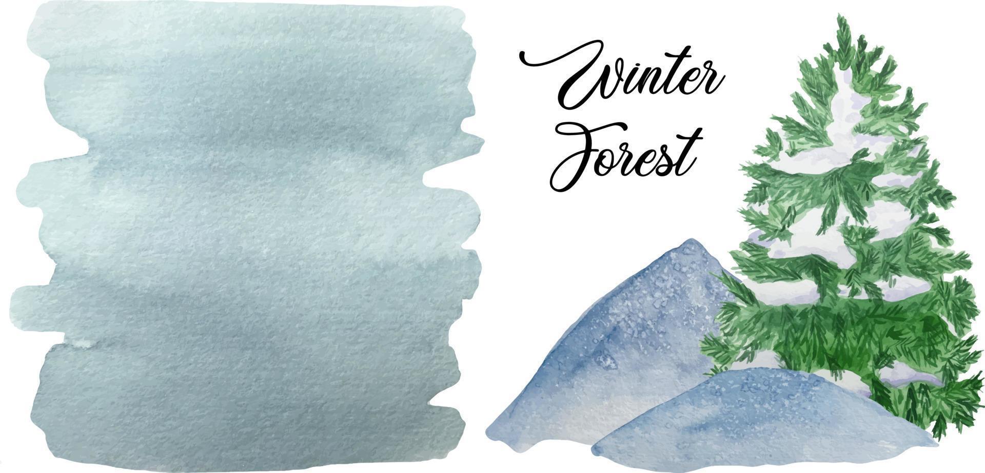 Watercolor blue snow mountain and forest tree isolated on white. Nature, ecology, eco illustration vector