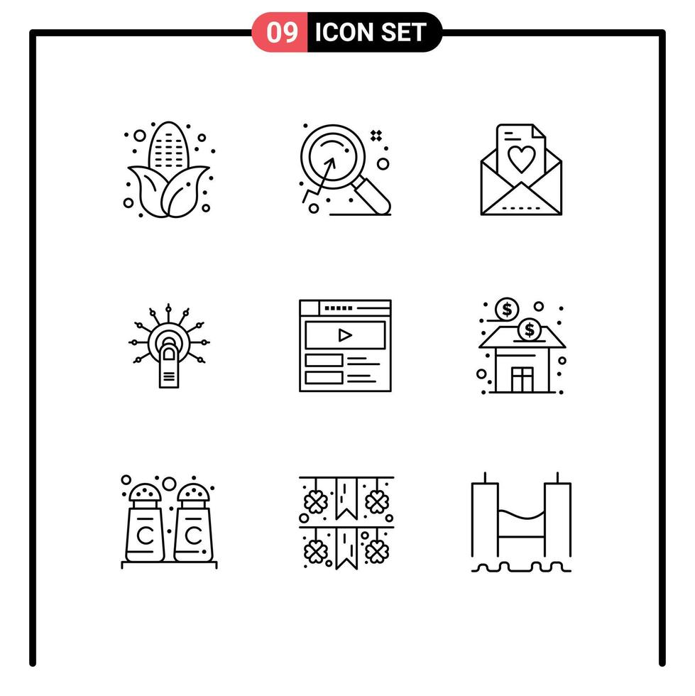 Pictogram Set of 9 Simple Outlines of web video love touch here ok Editable Vector Design Elements