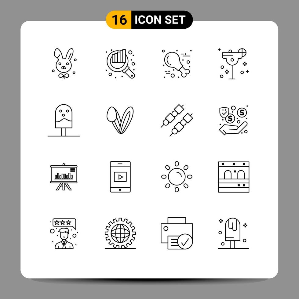 Editable Vector Line Pack of 16 Simple Outlines of food and poultry margarita glass Editable Vector Design Elements