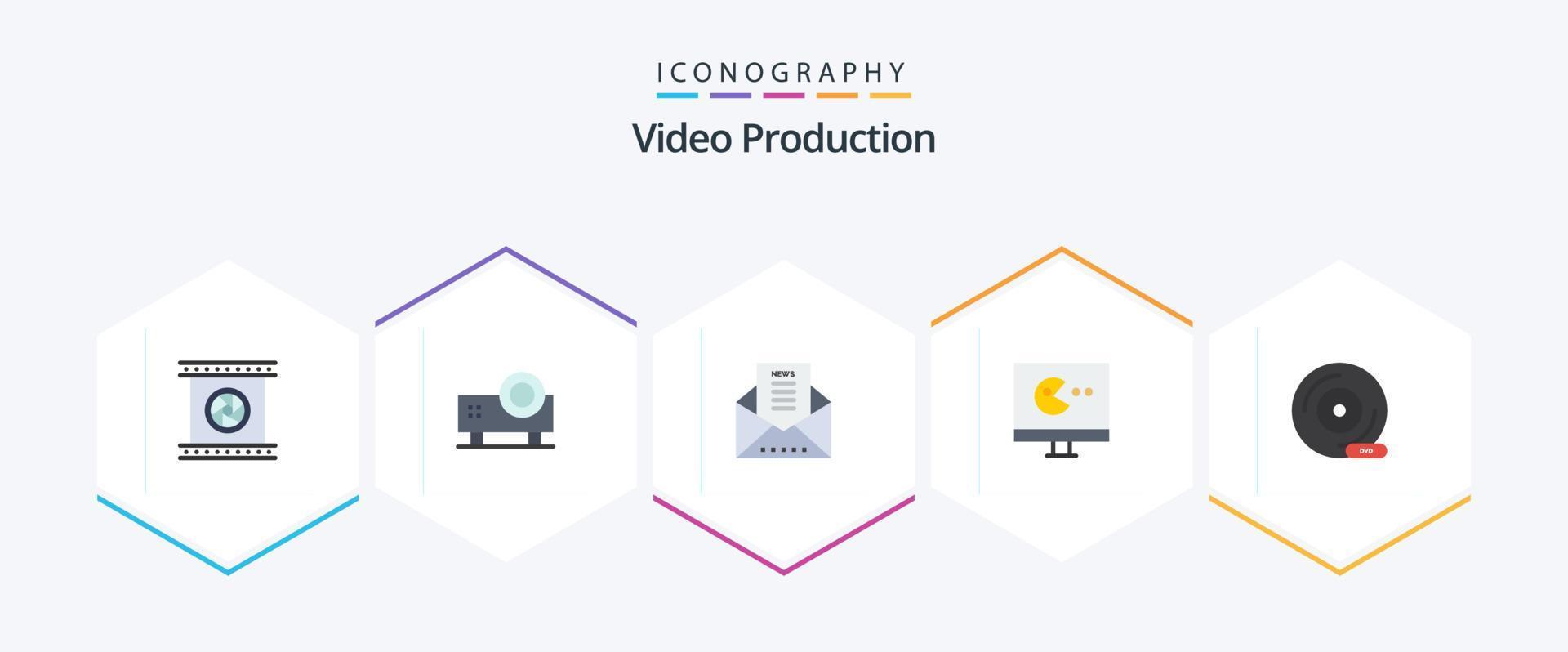 producción de video 25 paquete de iconos planos que incluye video. juego. proyector de diapositivas. sobre de mensaje vector