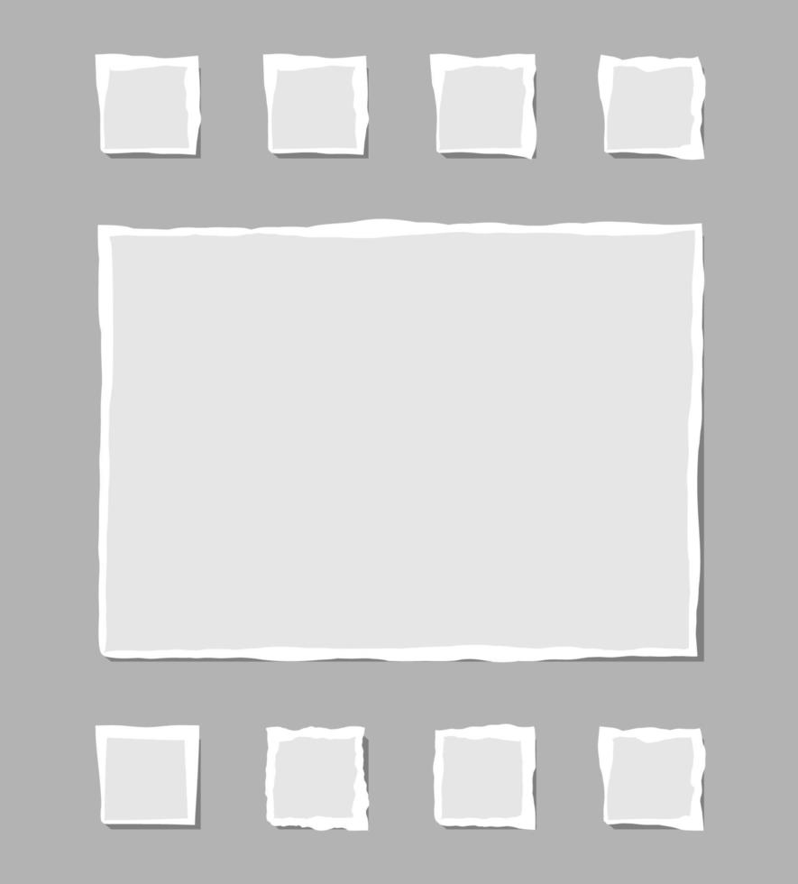 conjunto de notas blancas rotas. trozos de papel rasgado de varias formas aisladas sobre fondo gris. ilustración vectorial vector