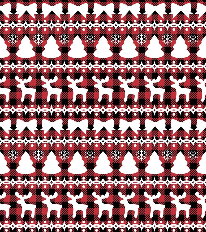 Buffalo plaid Christmas Jingle Bells on the background of the music page. Festive seamless pattern. Vector illustration.