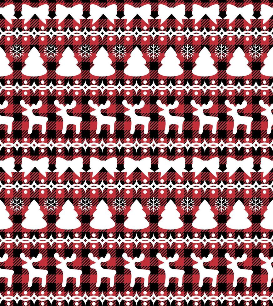 Buffalo plaid Christmas Jingle Bells on the background of the music page. Festive seamless pattern. Vector illustration.