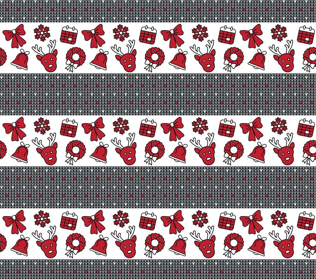 Knitted Christmas and New Year pattern. Wool Knitting Sweater Design. Wallpaper wrapping paper textile print. vector
