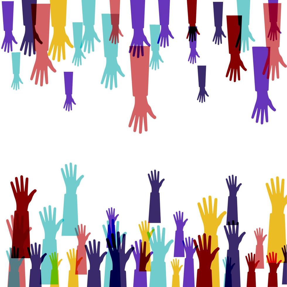 Hands of diverse group of people putting together. Cooperation, togetherness, partnership, agreement, teamwork, vector
