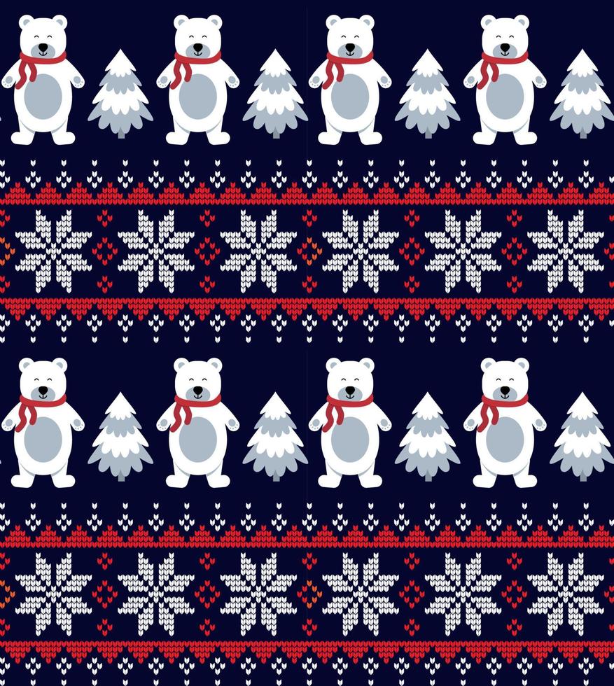Knitted Christmas and New Year pattern into bears. Wool Knitting Sweater Design. Wallpaper wrapping paper textile print. Eps 10 vector