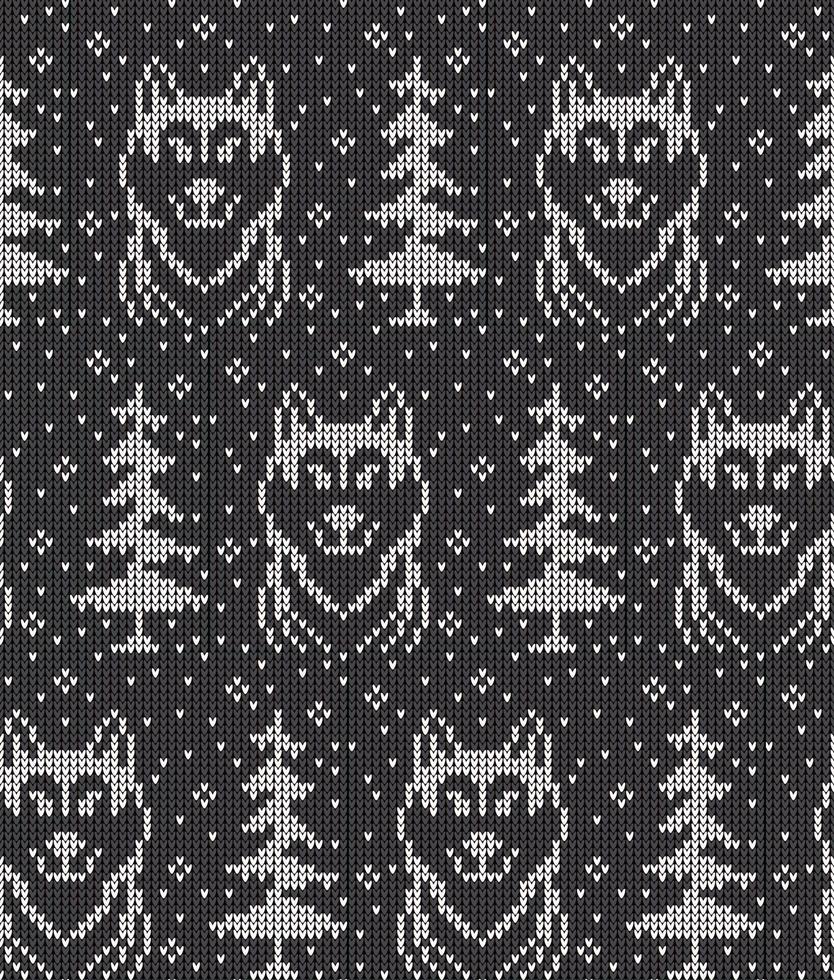 Knitted Christmas and New Year pattern in wolves. Wool Knitting Sweater Design. Wallpaper wrapping paper textile print. Eps 10 vector