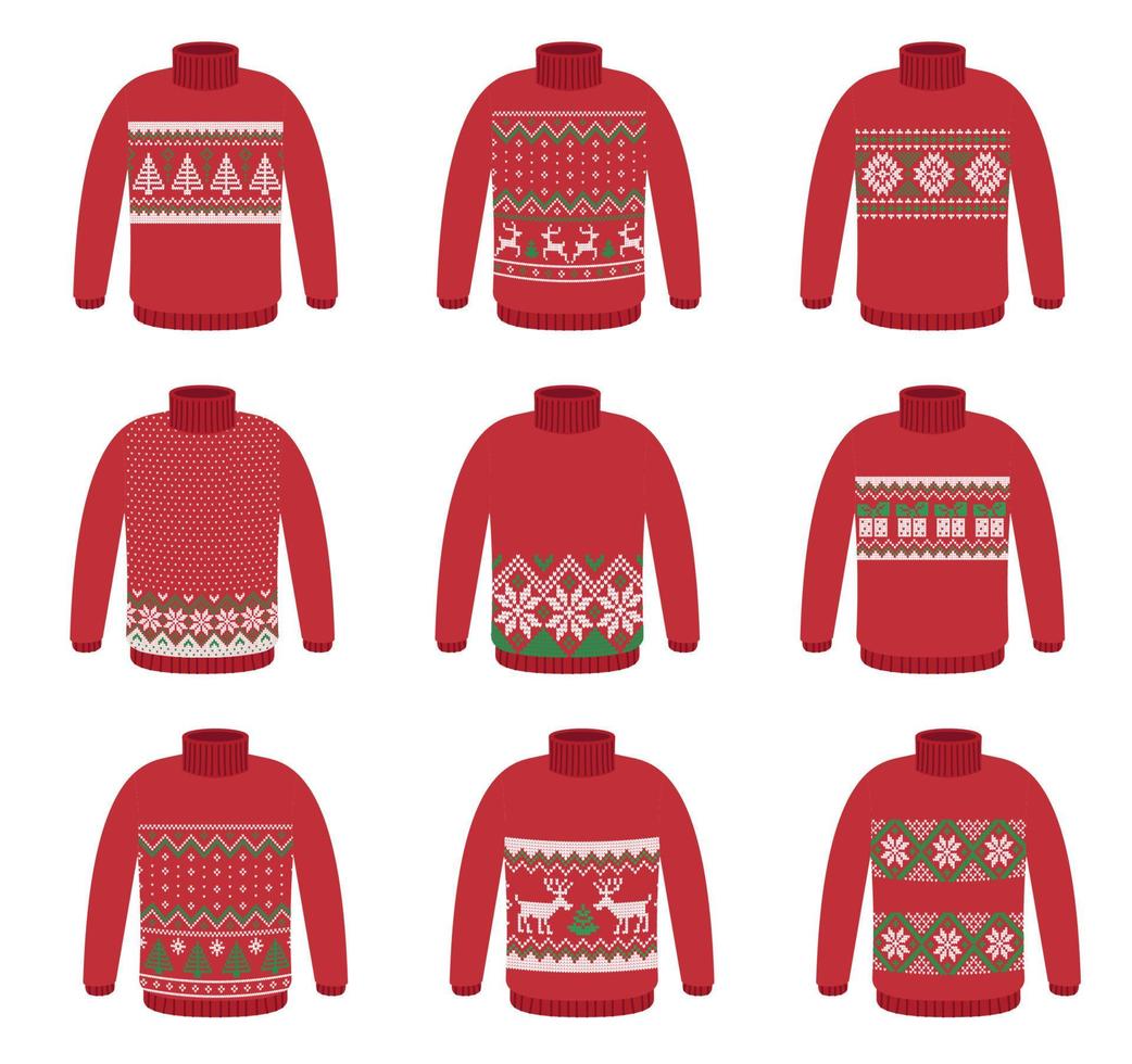 Vector ugly set sweaters for Christmas party. Knitted jumpers with winter patterns