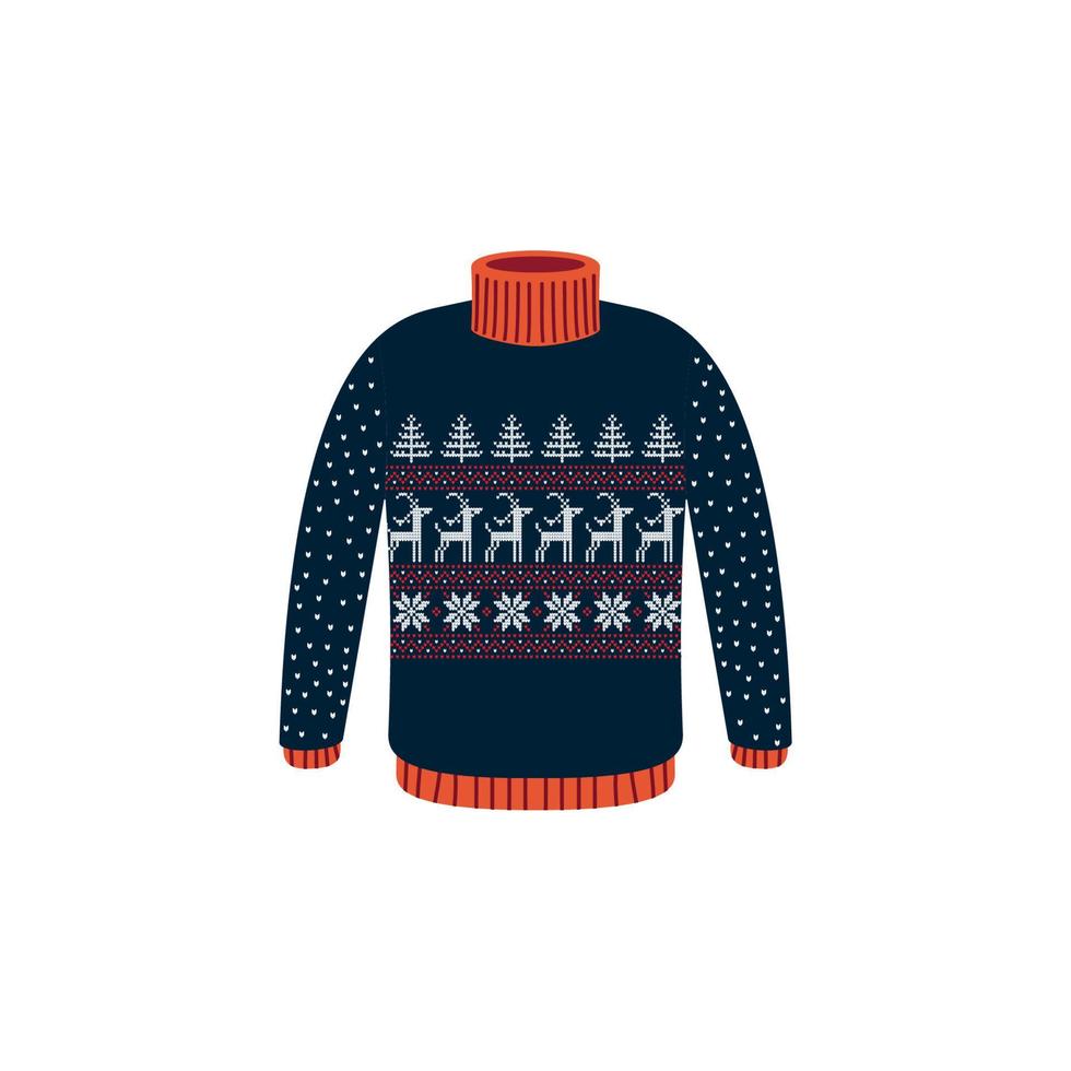 Vector ugly sweaters for Christmas party. Knitted jumpers with winter patterns esp