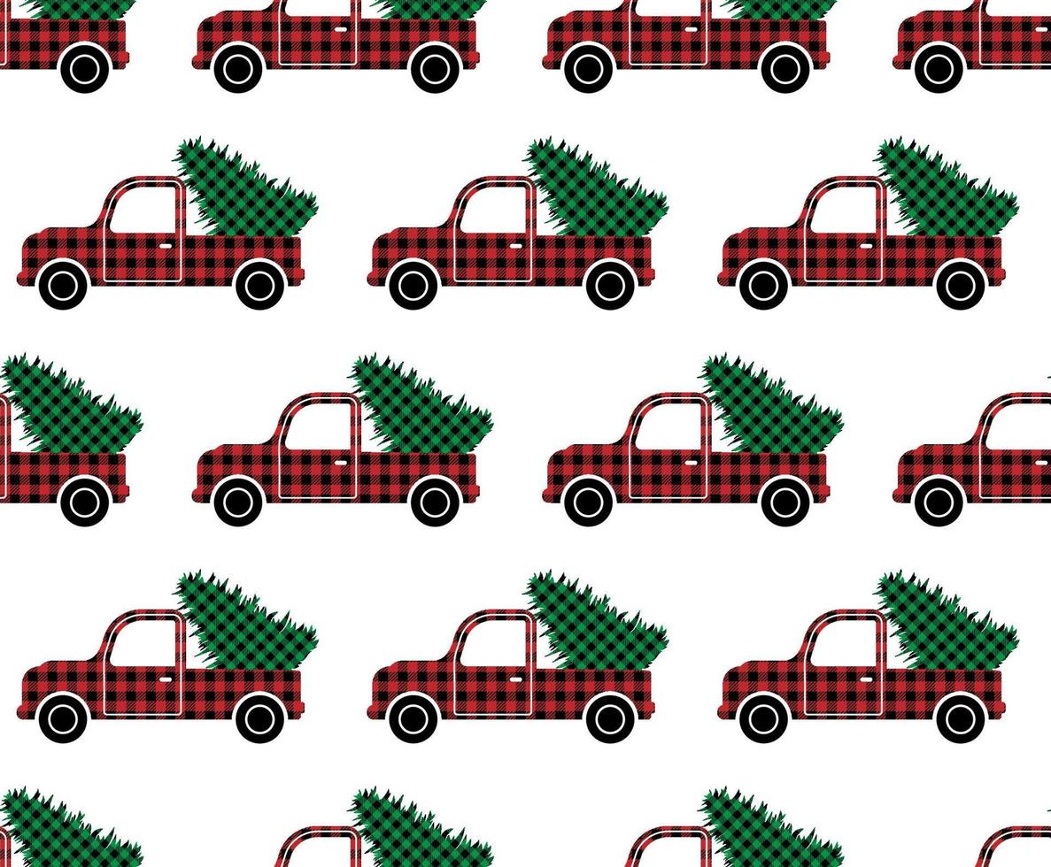 Buffalo Plaid Christmas and New Year s pattern in a convertible carries a Christmas tree. vector