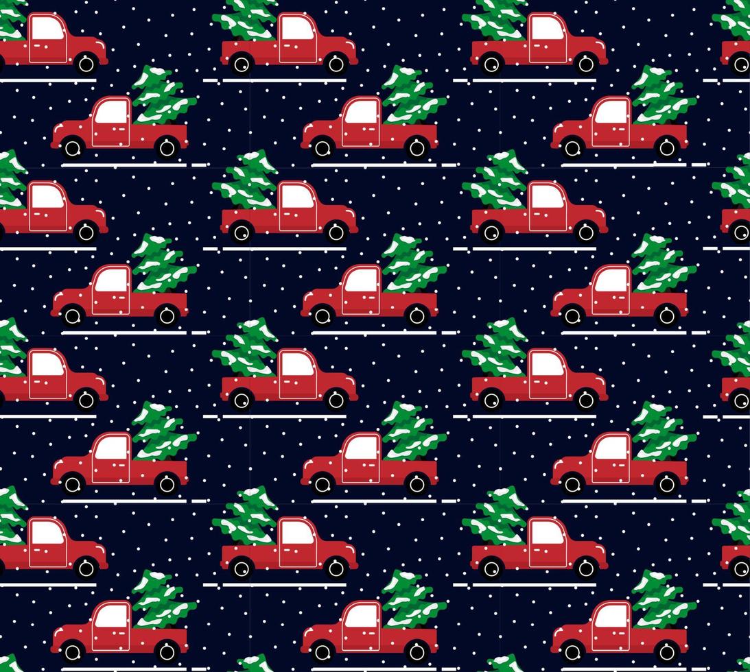 Seamless christmas pattern cabriolet carrying christmas tree vector