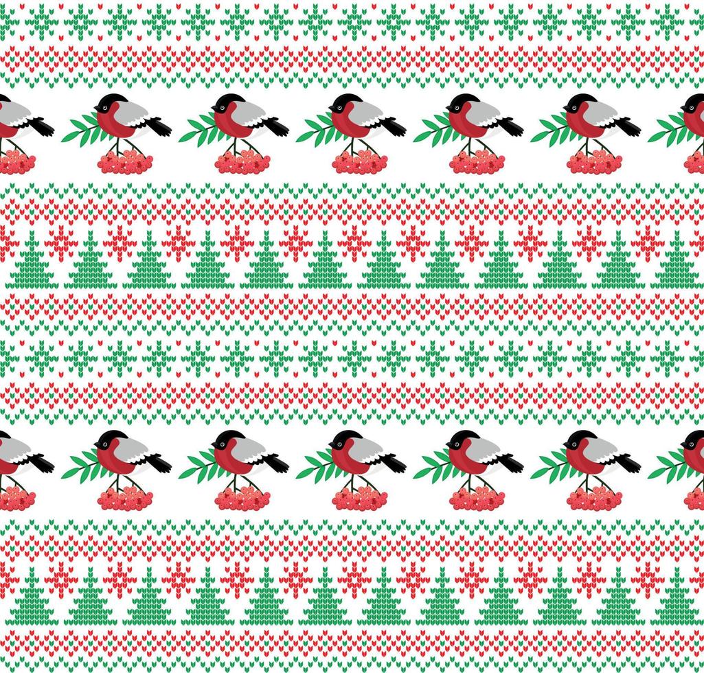 Knitted Christmas and New Year pattern in bullfinch. Wool Knitting Sweater Design. Wallpaper wrapping paper textile print. Eps 10 vector