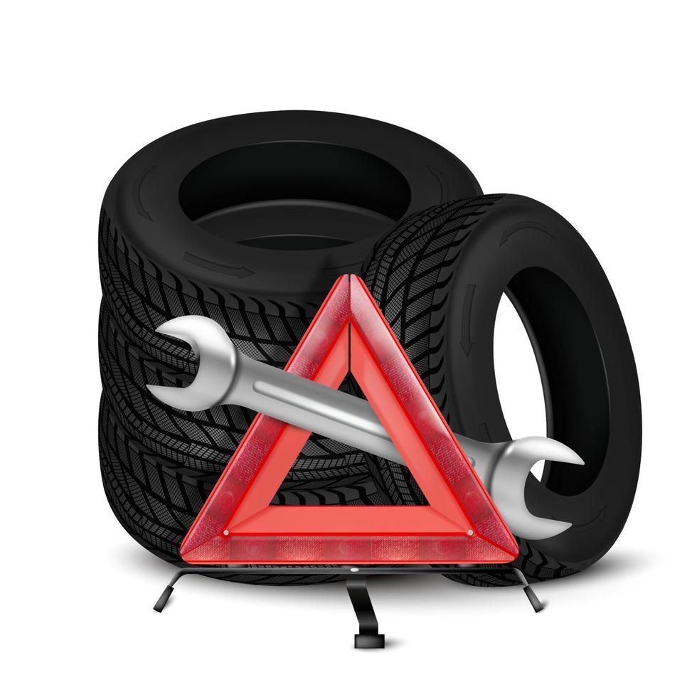 Black rubber tires with tool and sign. Realistic tires for auto repair shop advertising. vector