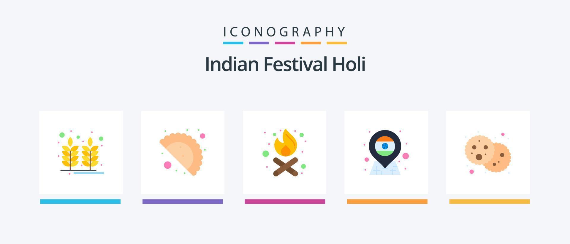 Holi Flat 5 Icon Pack Including party. food. fire. bread. flag. Creative Icons Design vector