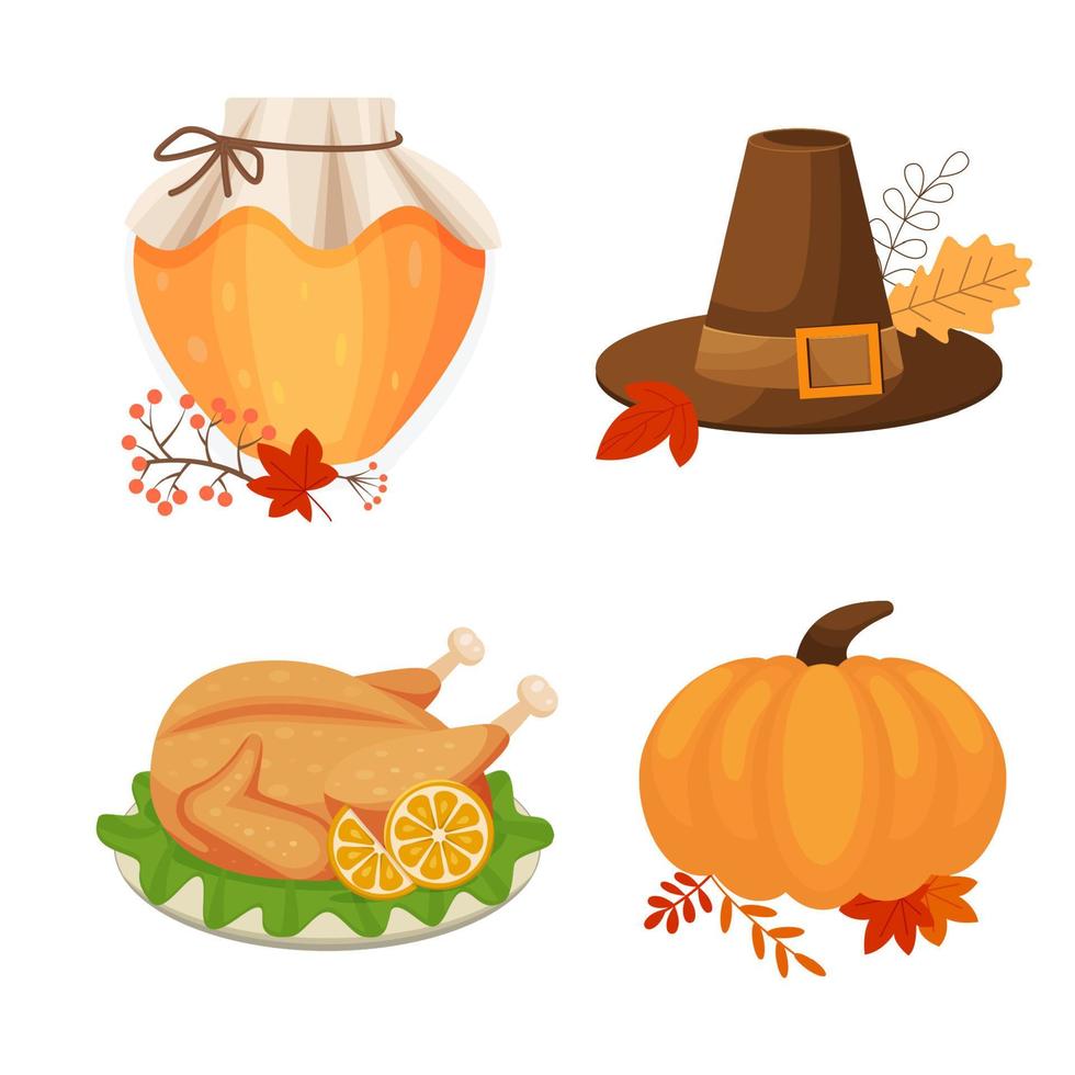 Set of cartoon icons for thanksgiving dinner, roast Turkey, pumpkin, pumpkin pie, pilgrim hat, corn. Vector illustration