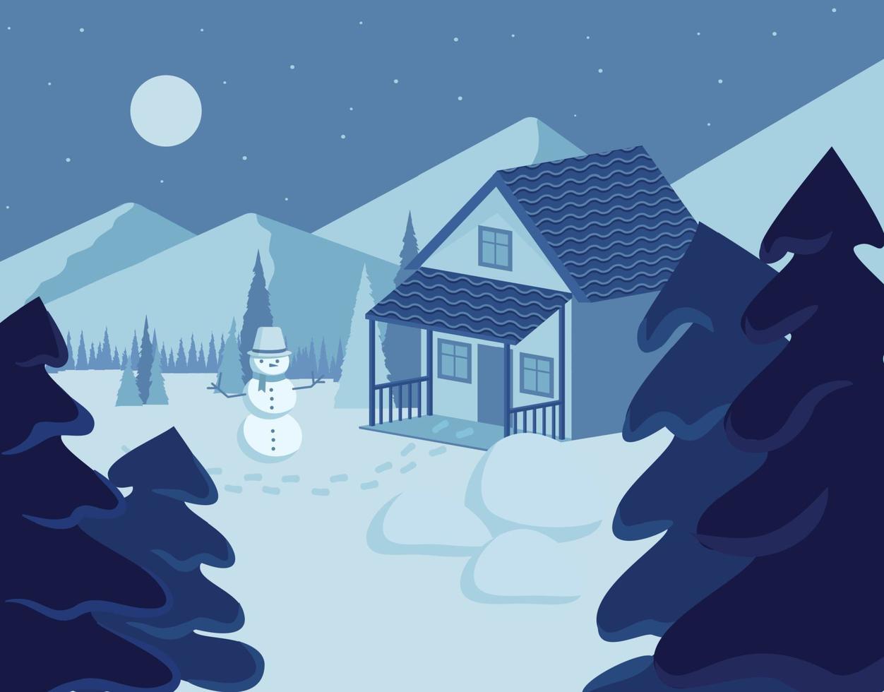 Vector cartoon drawing of Christmas suburban houses and kids making a snowman