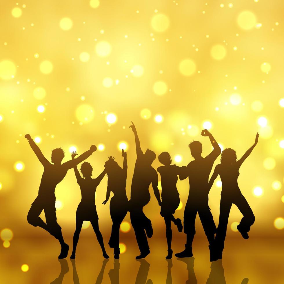 Silhouettes of people dancing on a gold bokeh lights background vector