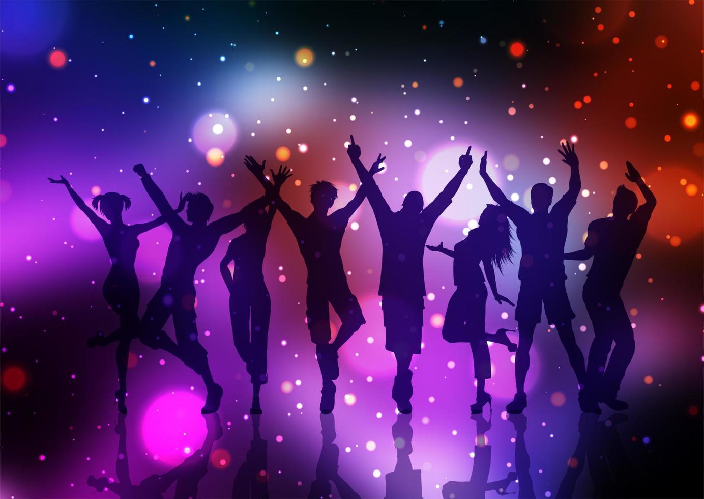 gente de fiesta bailando en un fondo de luces bokeh vector