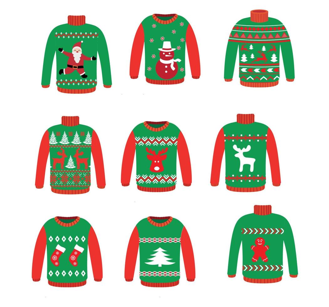 Vector ugly sweaters for Christmas party. Knitted jumpers with winter patterns esp