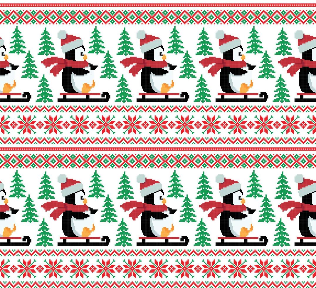 New Year's Christmas pattern pixel in penguins vector illustration