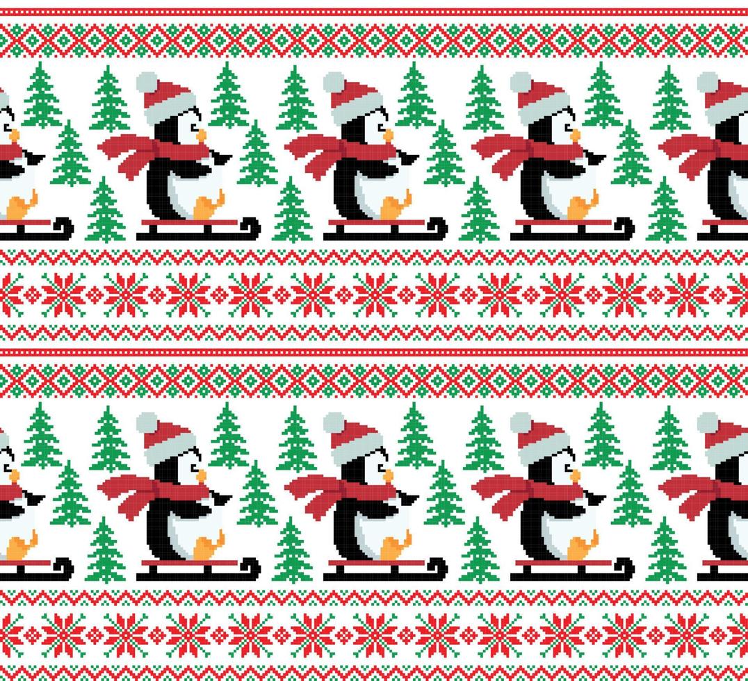 New Year's Christmas pattern pixel in penguins vector illustration
