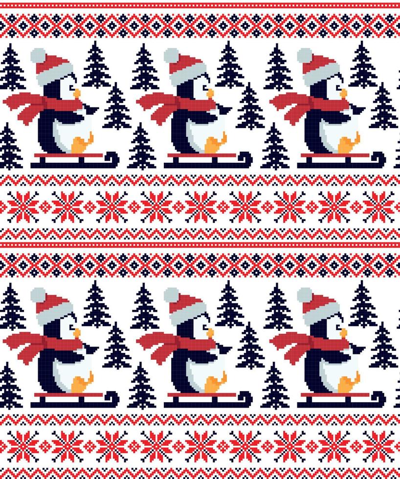 New Year's Christmas pattern pixel in penguins vector illustration