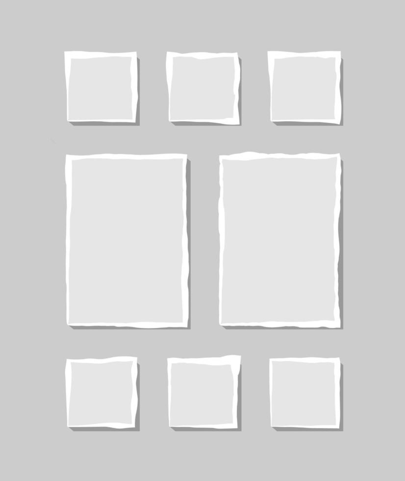 Set of torn white note. Scraps of torn paper of various shapes isolated on gray background. Vector illustration.