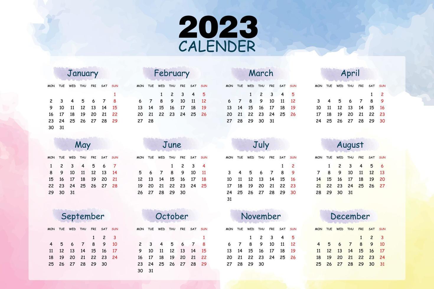 2023 Calendar year vector illustration. Watercolour multicoloured background