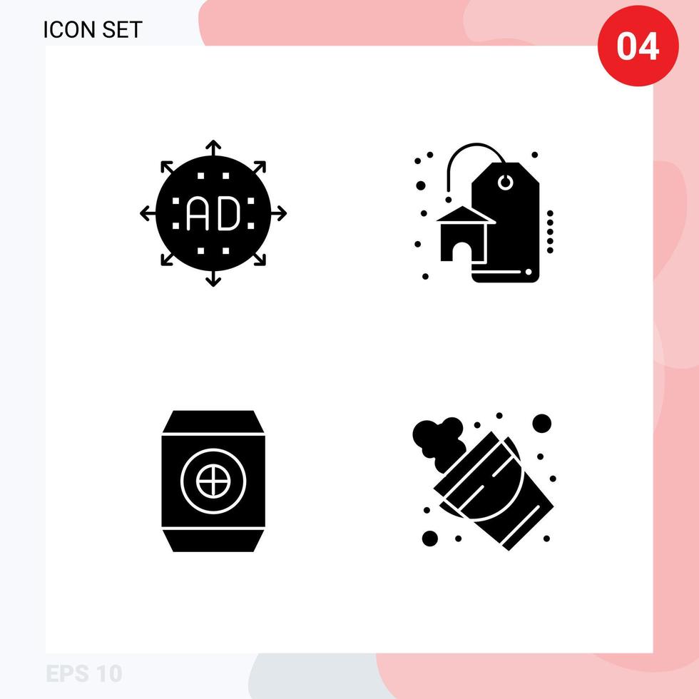 Mobile Interface Solid Glyph Set of 4 Pictograms of ad food expand real estate bucket Editable Vector Design Elements