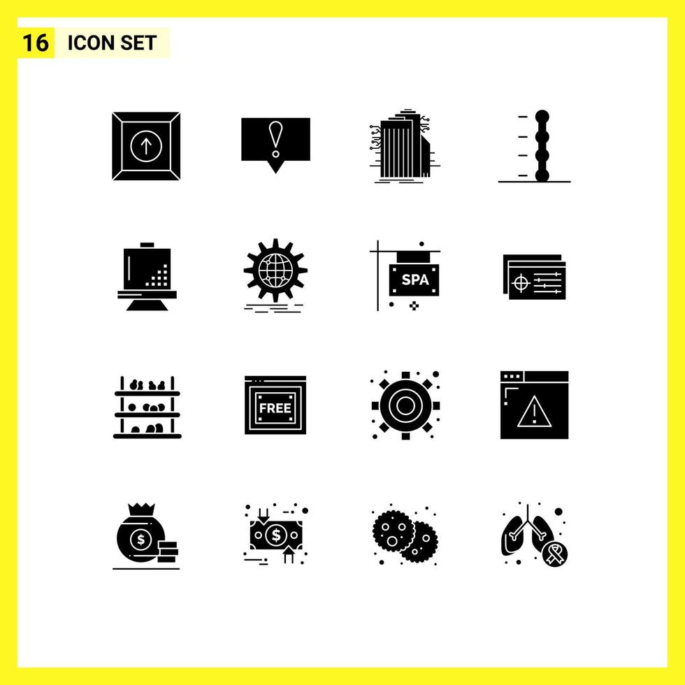 Set of 16 Commercial Solid Glyphs pack for development coding smart city board car Editable Vector Design Elements