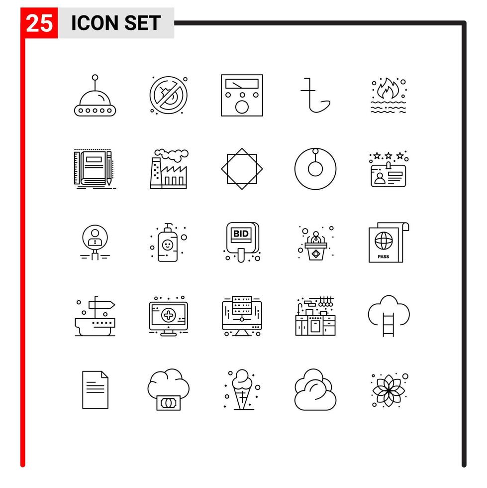 25 Thematic Vector Lines and Editable Symbols of smoke garbage voltmeter fire taka Editable Vector Design Elements