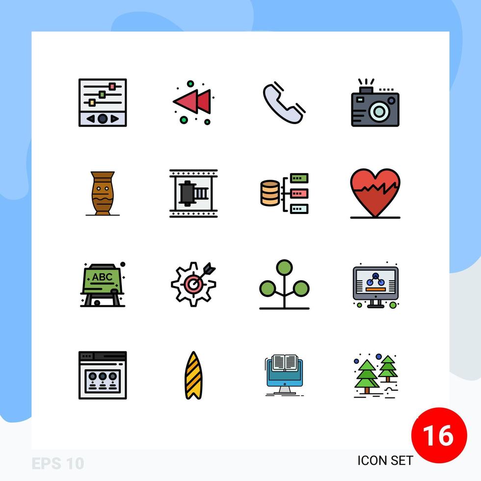 paquete de interfaz de usuario de 16 líneas básicas rellenas de color plano de fotografía de cerámica cámara de fotos de contacto elementos de diseño de vectores creativos editables
