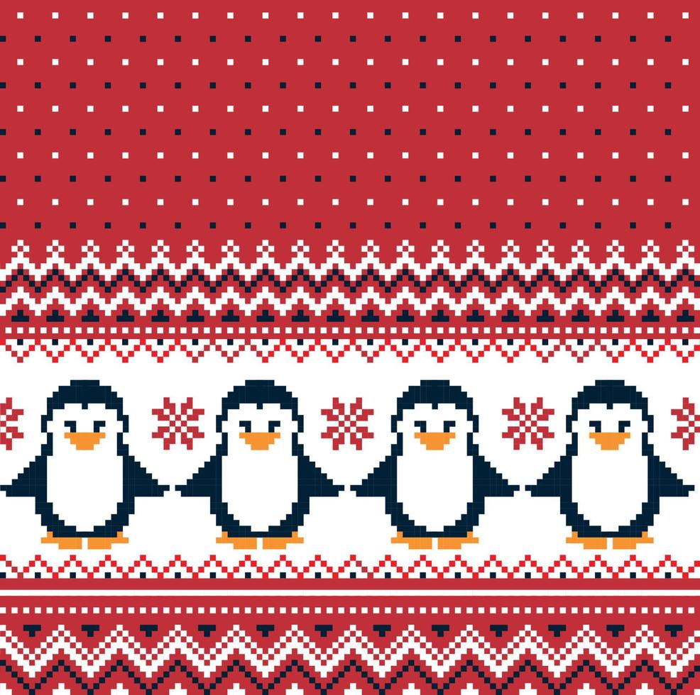 pixel de patrón de navidad de año nuevo con ilustración de vector de pingüinos