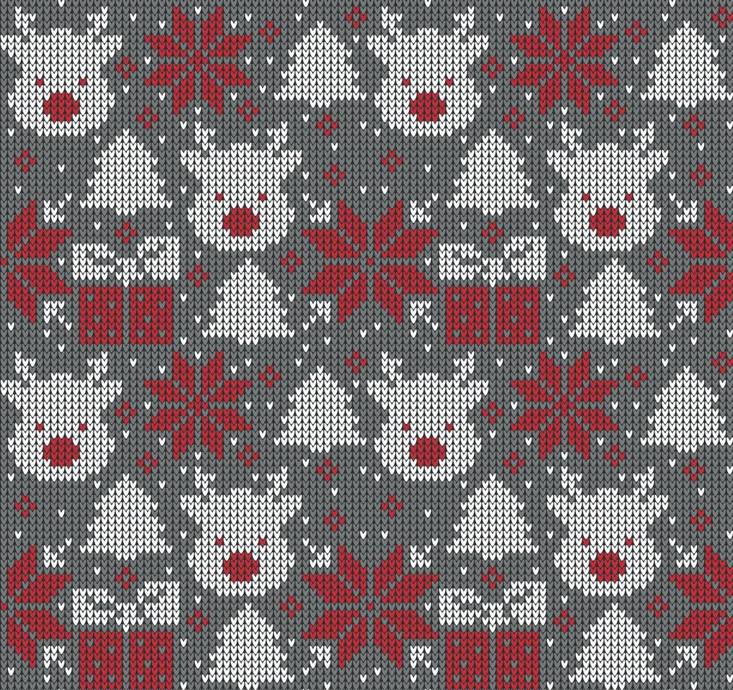 Knitted Christmas and New Year pattern. Wool Knitting Sweater Design. Wallpaper wrapping paper textile print. Eps 10 vector