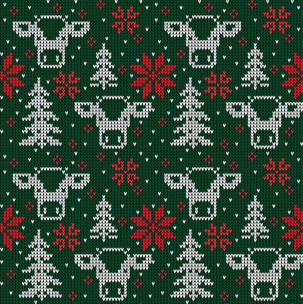 Knitted Christmas and New Year pattern in cow. Wool Knitting Sweater Design. Wallpaper wrapping paper textile print. Eps 10 vector