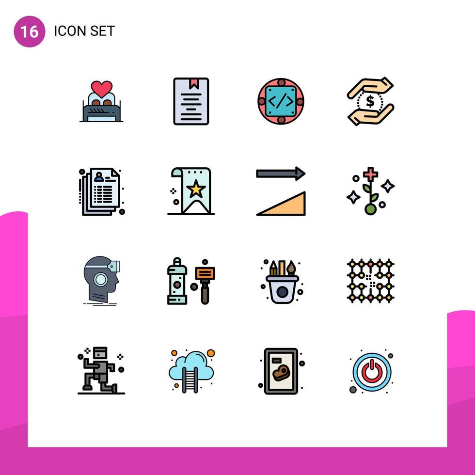 Mobile Interface Flat Color Filled Line Set of 16 Pictograms of dollar produc education management custom Editable Creative Vector Design Elements