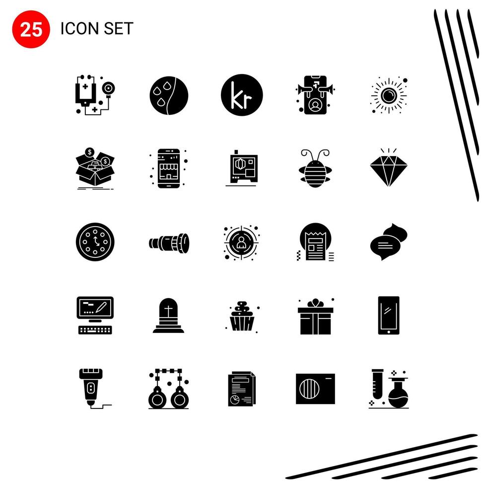 Group of 25 Modern Solid Glyphs Set for meditation fitness currency online advertising Editable Vector Design Elements