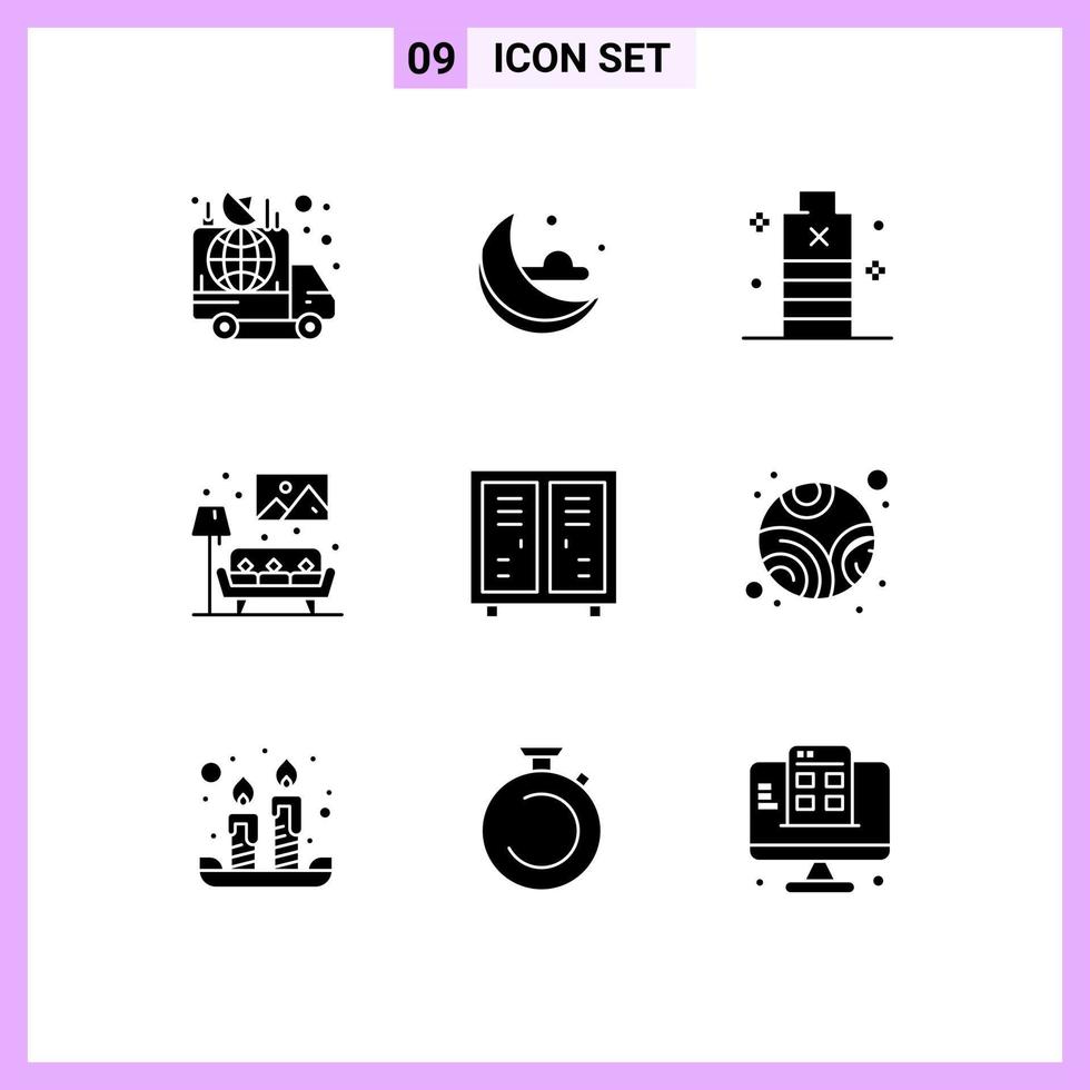 9 Thematic Vector Solid Glyphs and Editable Symbols of activities sofa battery living power Editable Vector Design Elements