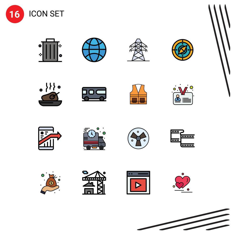 Editable Vector Line Pack of 16 Simple Flat Color Filled Lines of meal dinner transmission chicken compass Editable Creative Vector Design Elements