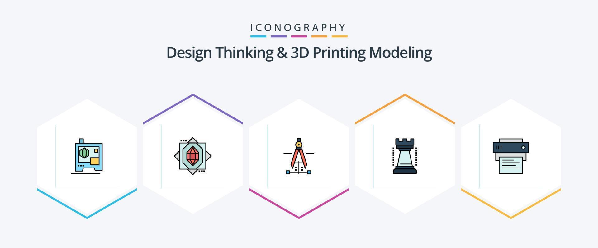 Design Thinking And D Printing Modeling 25 FilledLine icon pack including printing. printer . drawing. sports. games vector