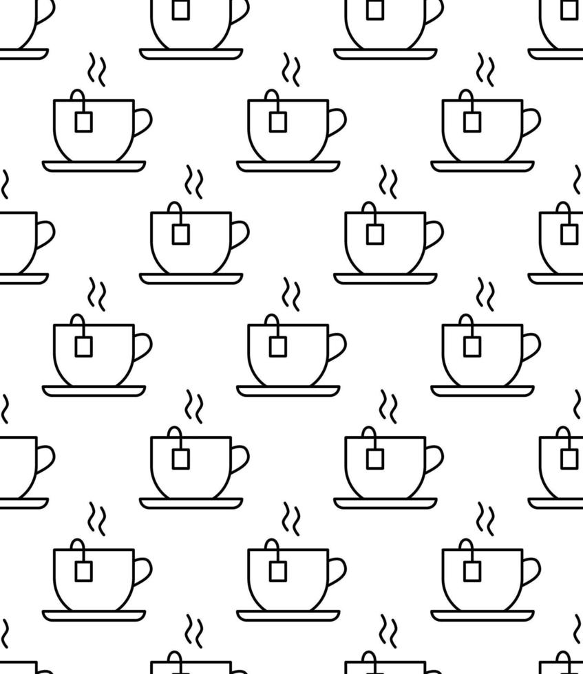 Coffee cup seamless pattern. Sketch tea and coffee cups, hot drinks various mugs black outline, cafeteria wallpaper engraving vector texture. Takeaway paper cups, design for coffee house