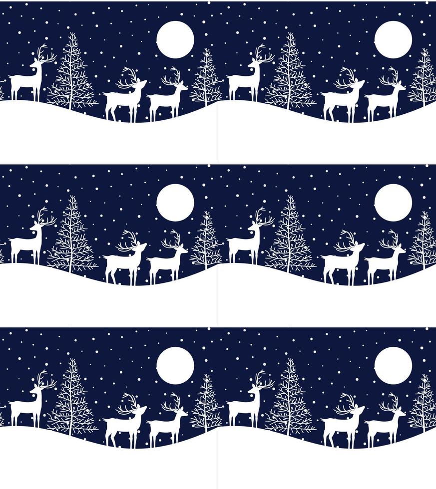 Seamless Merry Christmas pattern with deers, winter abstraction. Forest background. Endless horizontal banner with Reindeers in snow. Hand drawn paper decorative elements, vector illustration.