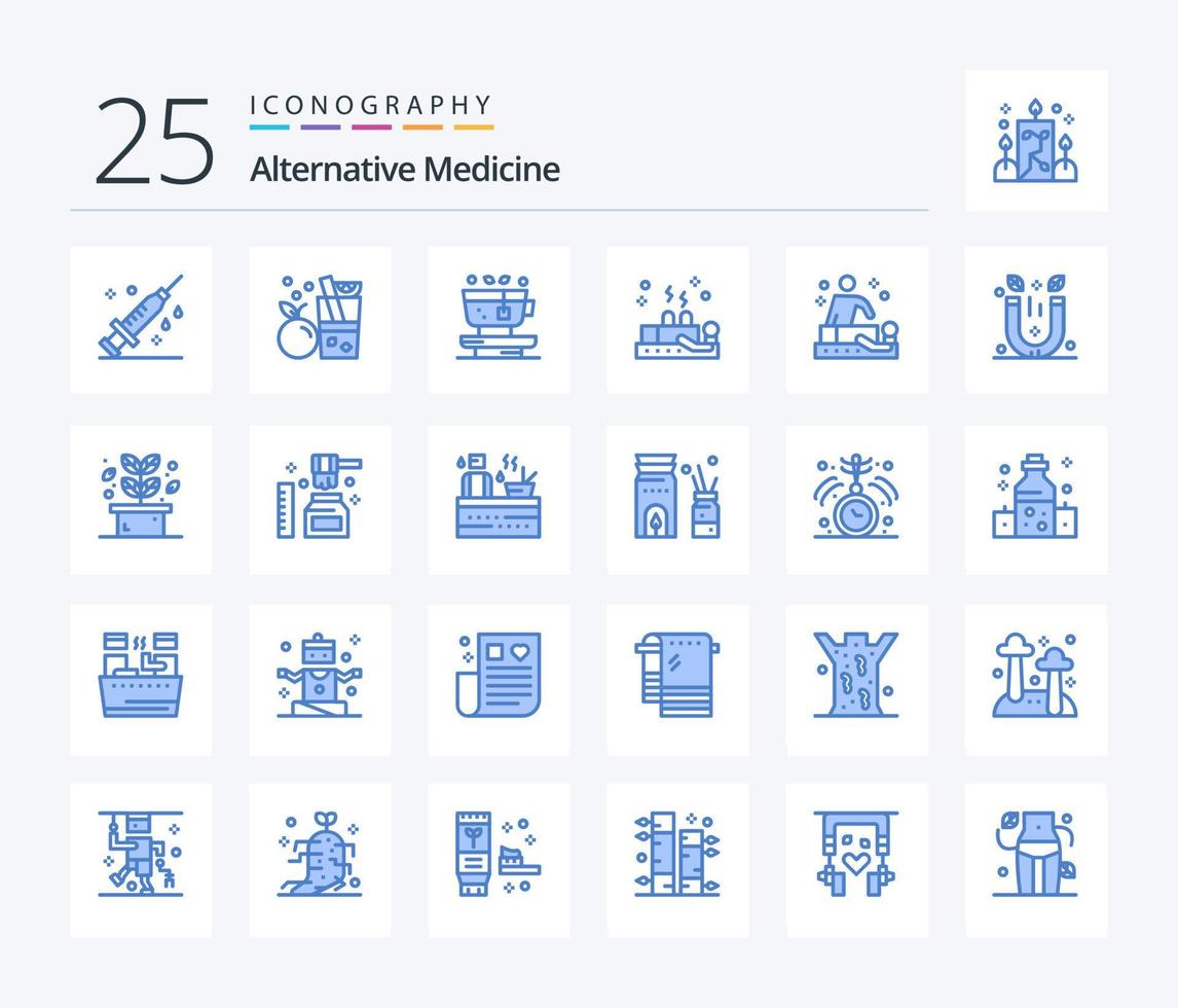 paquete de iconos de 25 colores azules de medicina alternativa que incluye relajación. bienestar. hoja. terapia. utilización de tazas vector