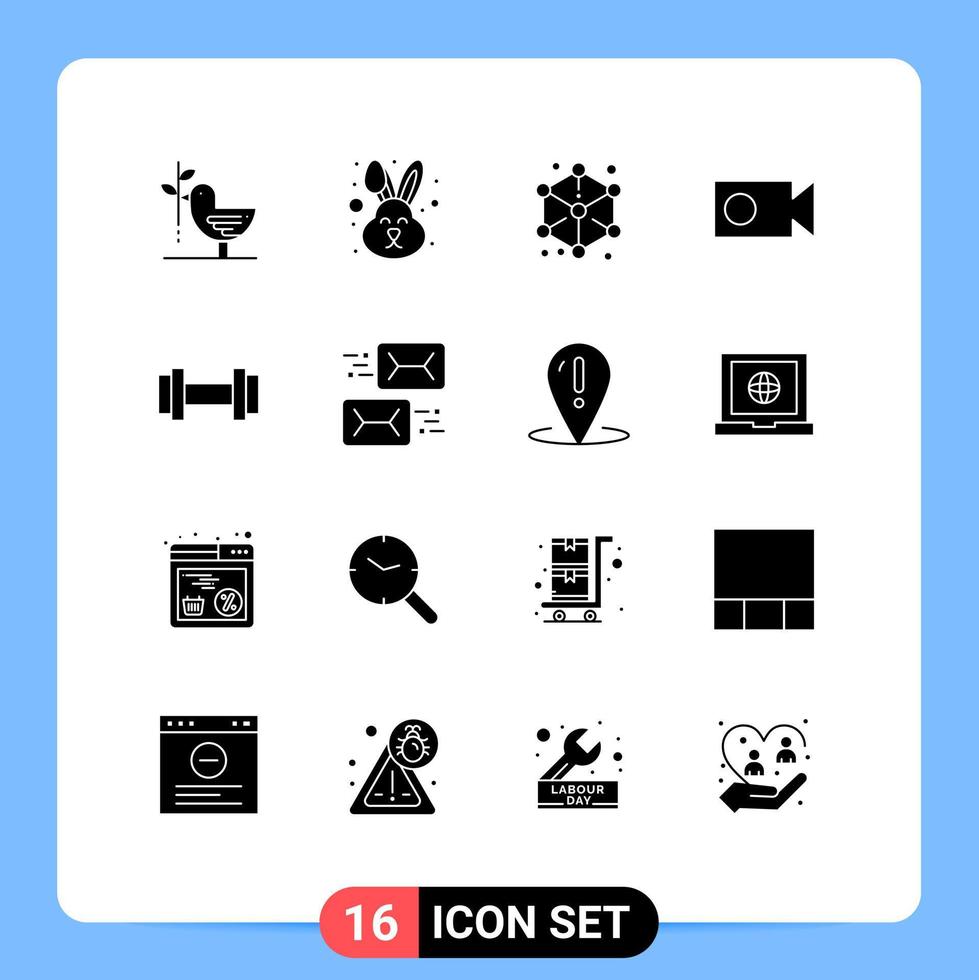 Pack of 16 Modern Solid Glyphs Signs and Symbols for Web Print Media such as dumbbells record face cam design Editable Vector Design Elements