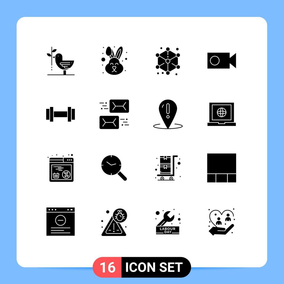paquete de 16 signos y símbolos de glifos sólidos modernos para medios de impresión web, como elementos de diseño de vectores editables de diseño de cámara de cara de registro de mancuernas