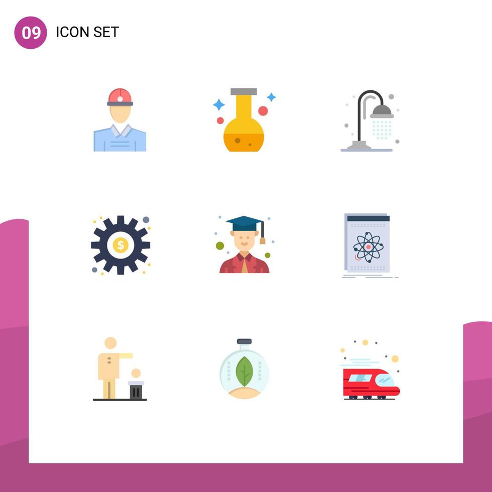 Pack of 9 creative Flat Colors of male avatar water setting gear Editable Vector Design Elements