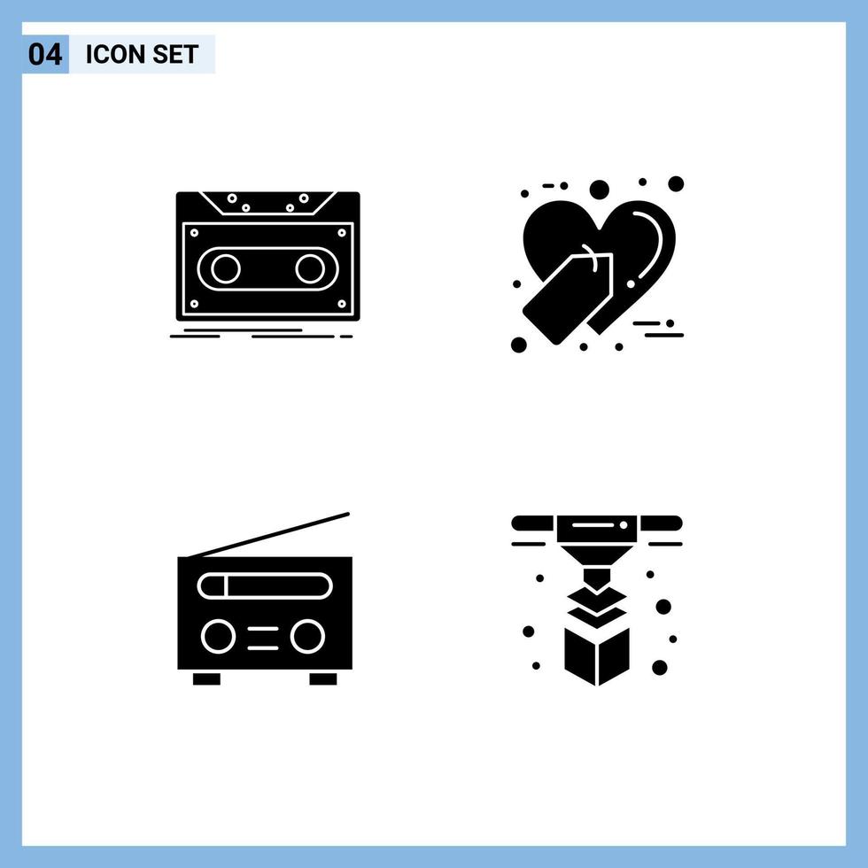 4 Universal Solid Glyph Signs Symbols of cassette device tape favorite radio Editable Vector Design Elements