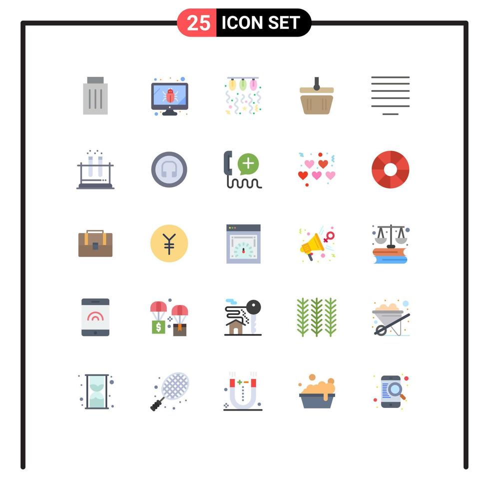 paquete de 25 signos y símbolos modernos de colores planos para medios de impresión web, como elementos de diseño de vectores editables de cadena de carrito de bombillas de conformación de alineación